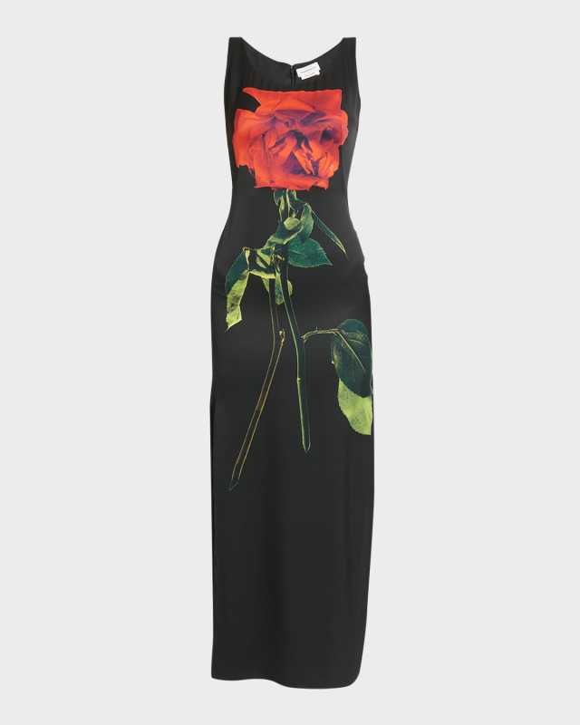 Scoop-Neck Sleeveless Flower-Print Silk Maxi Dress